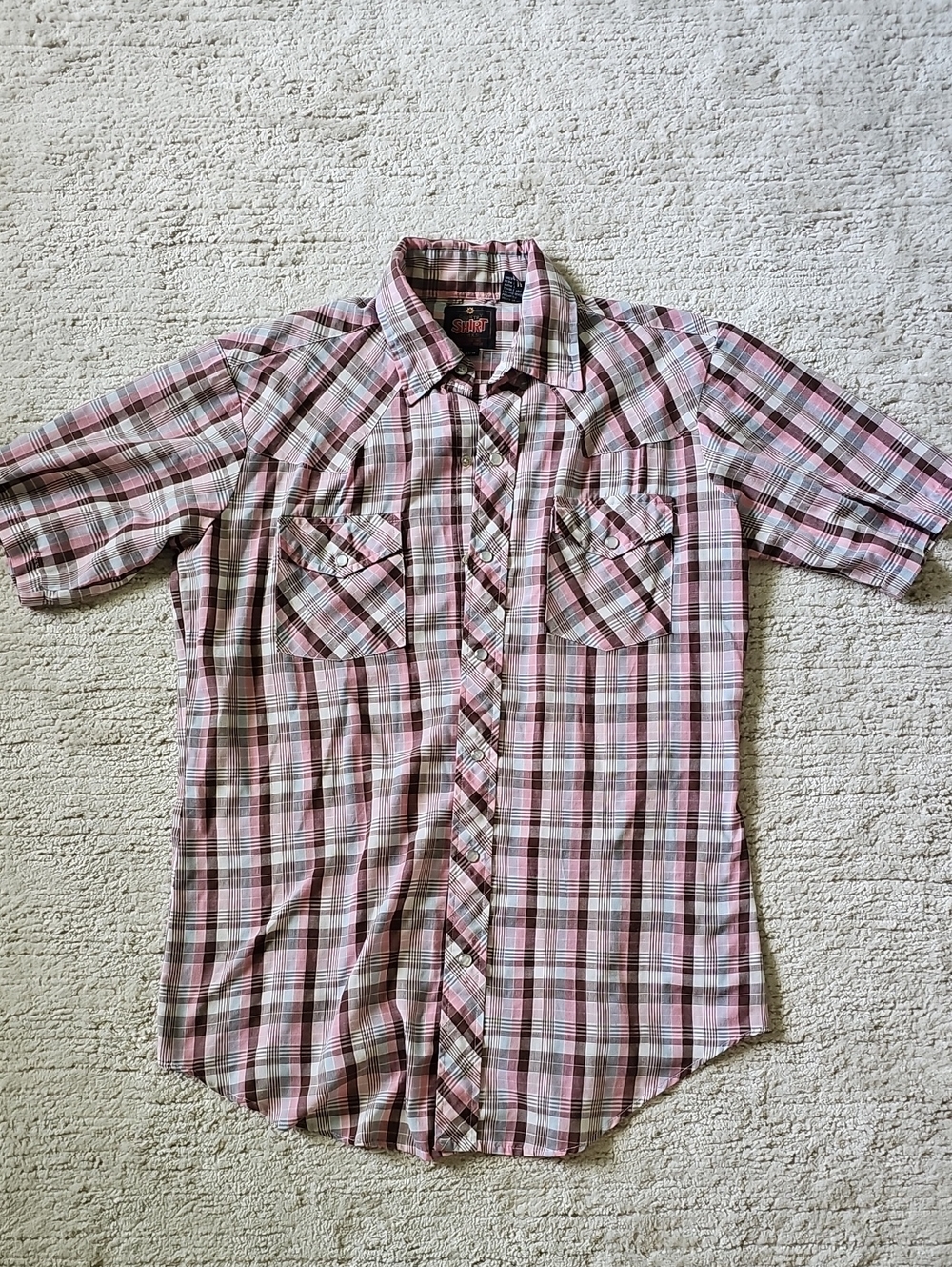 Men's Short Sleeve Vintage Country Pearl Snap Plaid Shirt - Pink/Brown